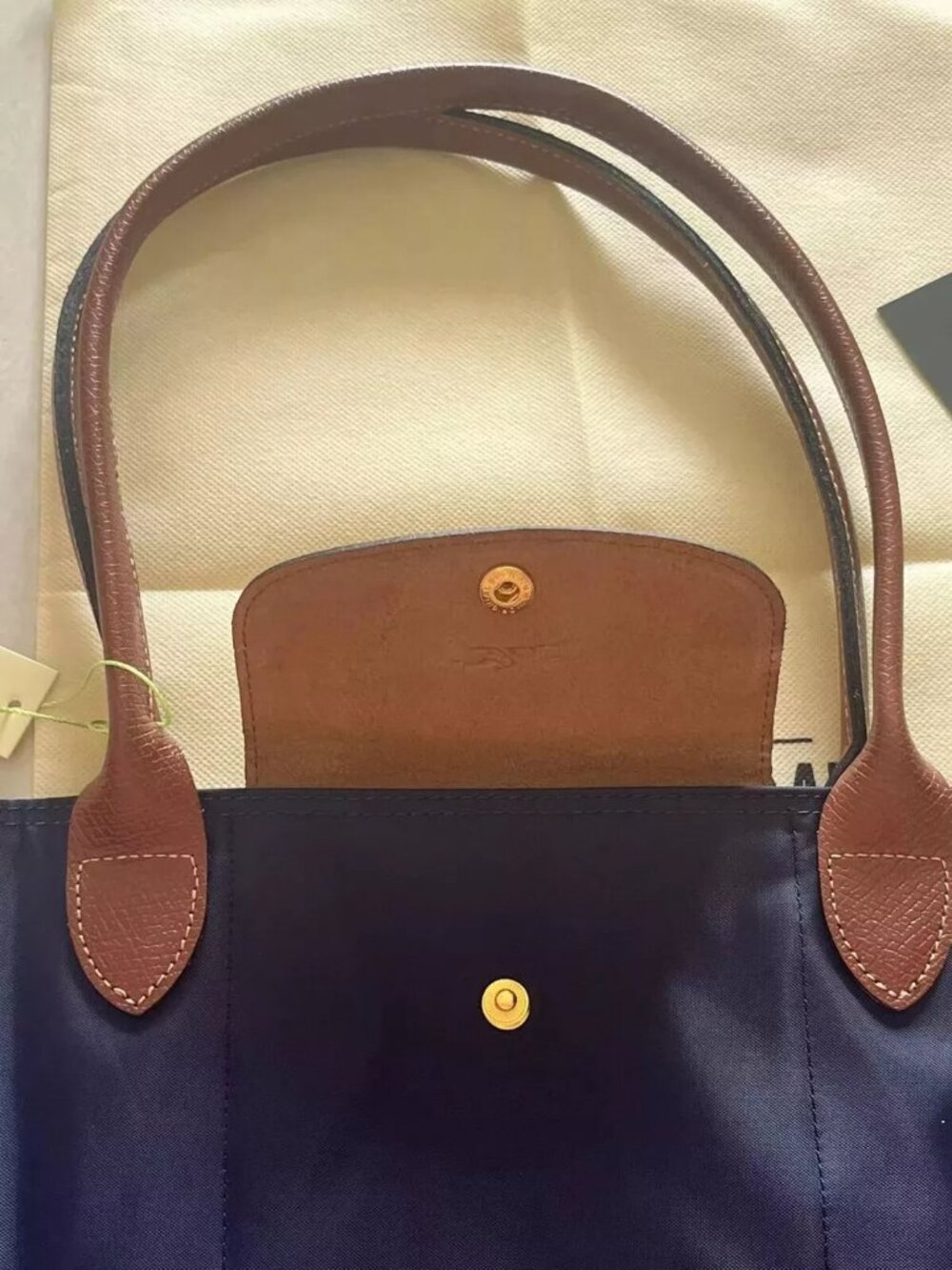 Longchamp Navy Blue Nylon Tote with Brown Leather Trim - Picture 7 of 10